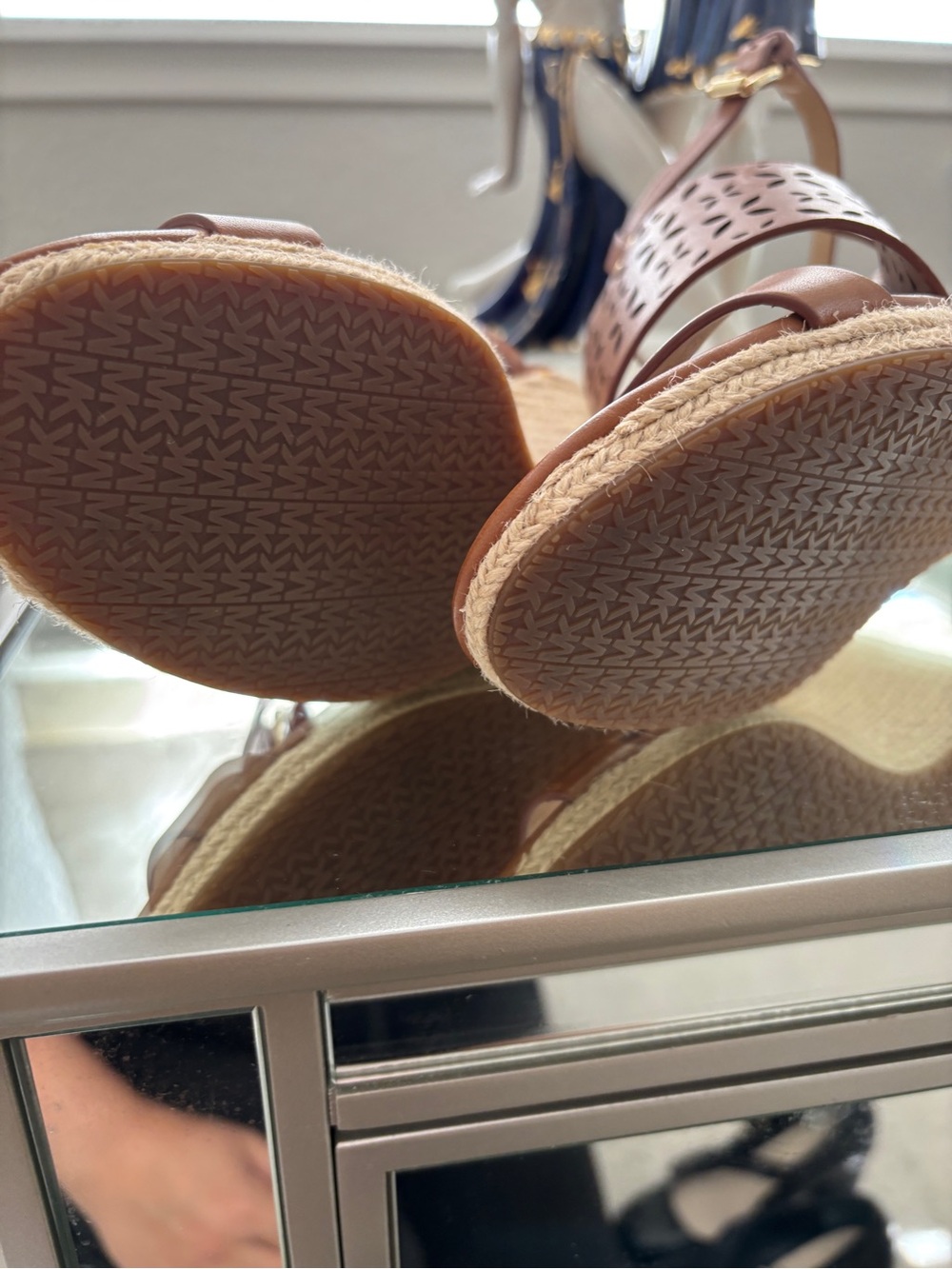 Michael Kors Tan Laser-Cut Leather Wedge Sandals - Picture 6 of 10